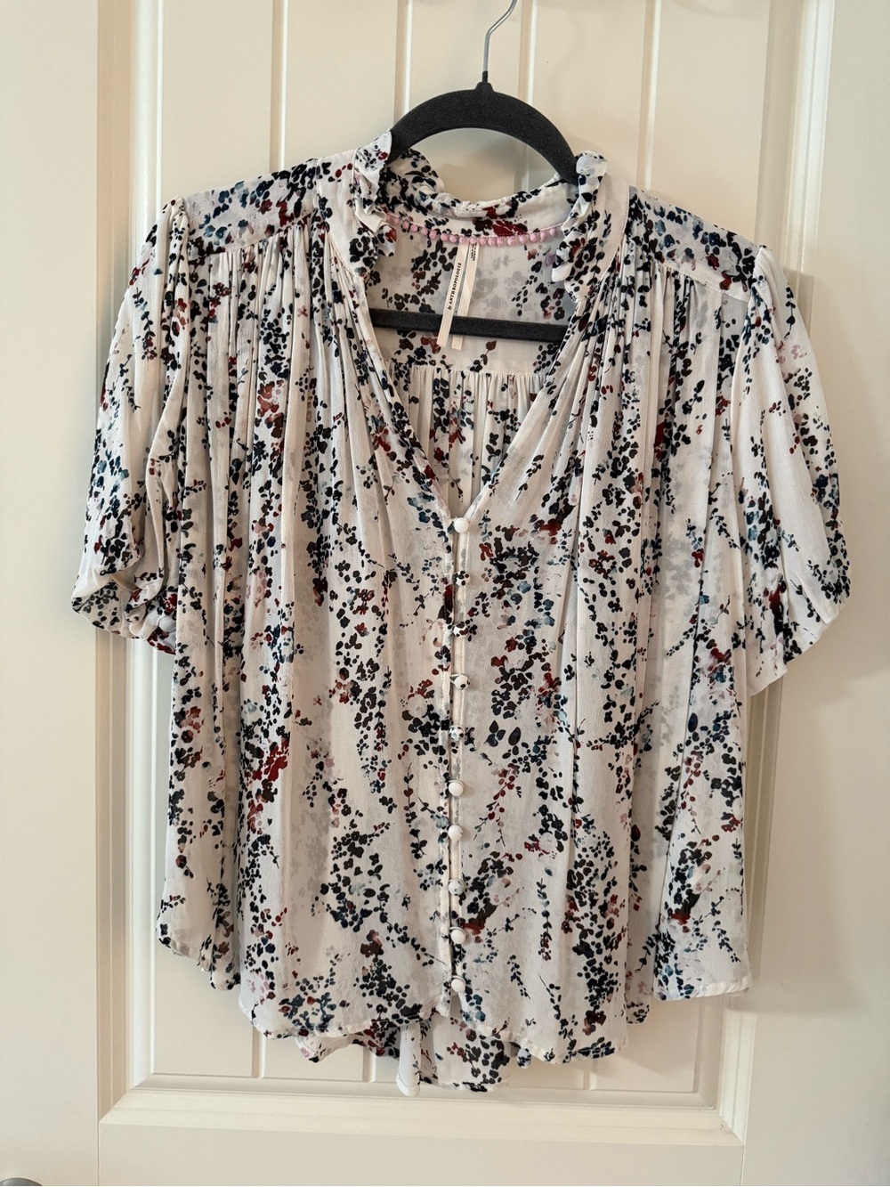 Anthropologie Cream Floral Button-Front Blouse with Navy & Rust Speckles